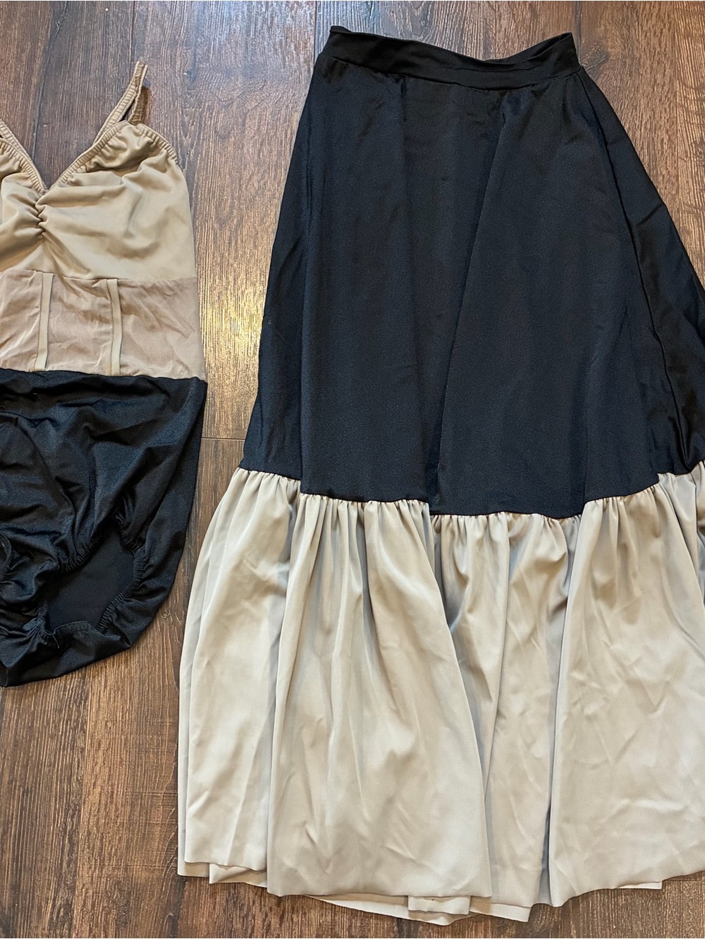Kelle adult medium Black and Beige leotard and Tiered Maxi Skirt